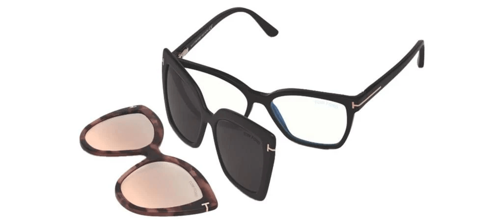 Three pairs of stylish Tom Ford eyewear, including black frames, tinted lenses, and a tortoiseshell pattern, showcasing 2026 fashion trends.