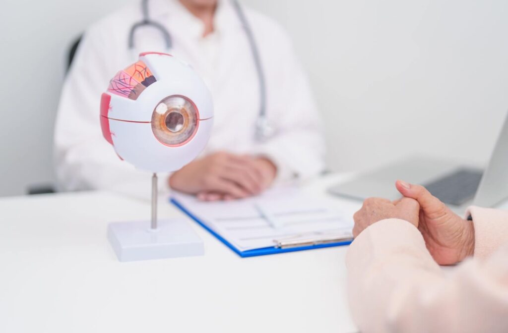 Close-up of a 3D eye model on a desk during a medical consultation with a doctor, clipboard, and patient’s hands visible.