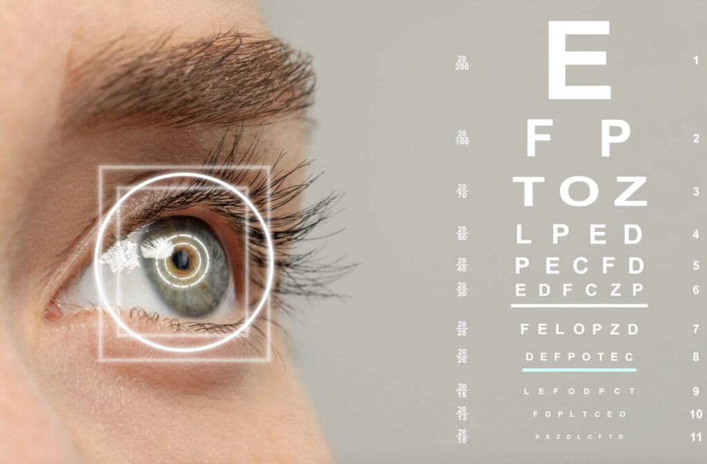 Close-up of a person’s eye with digital graphics around the iris, shown beside a Snellen eye chart used for vision testing.