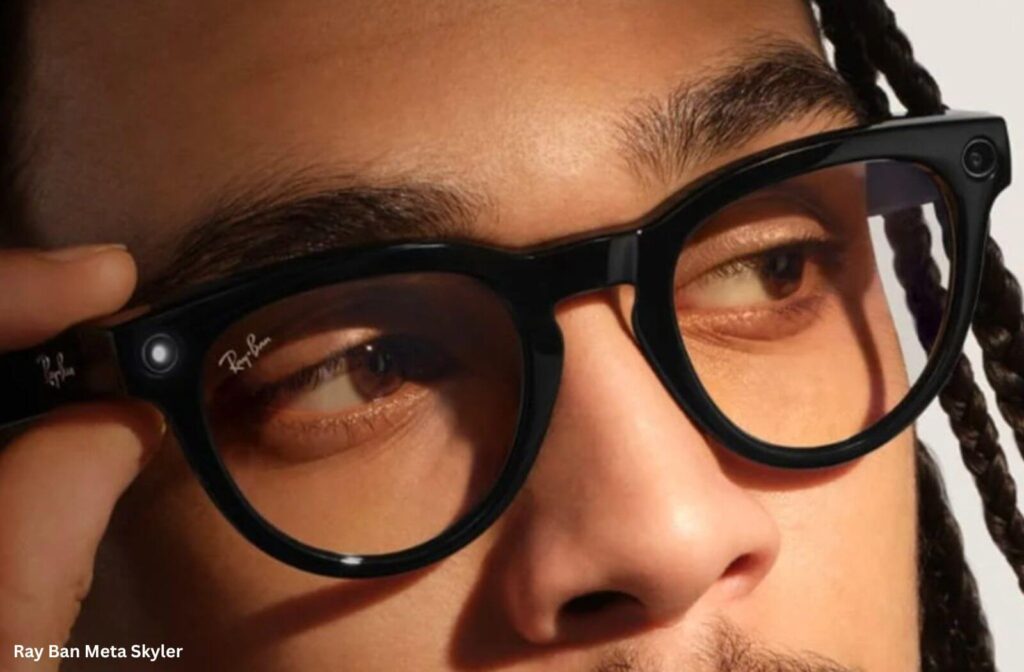 Person wearing smart glasses with built-in camera, modern eyewear technology close-up.