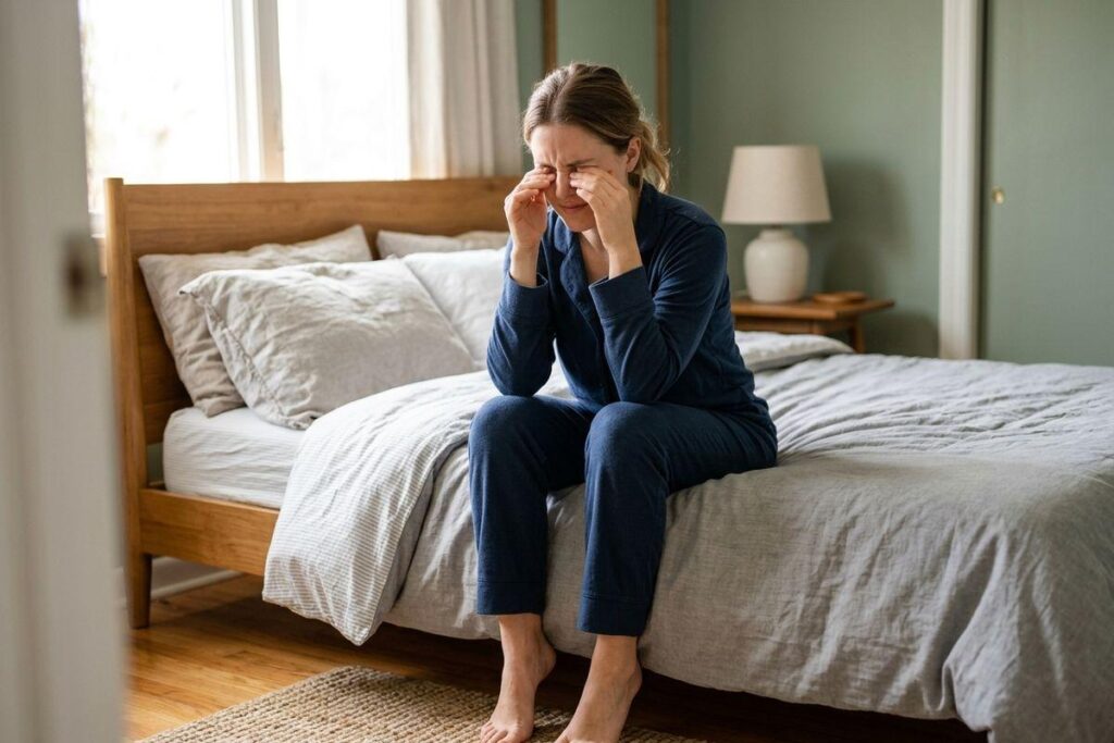 An adult in blue pajamas sits on the edge of a bed in a bedroom, rubbing their eyes with both hands.