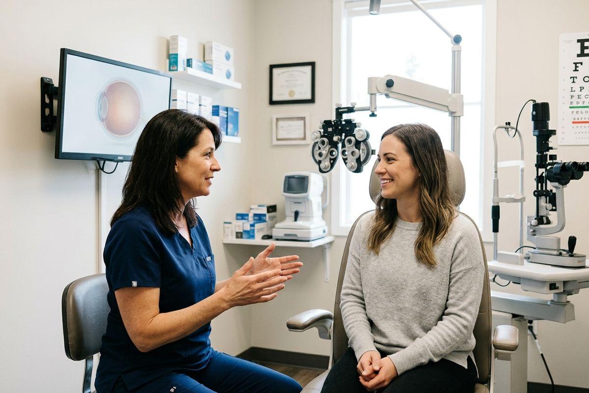 An optometrist gestures while talking to a smiling adult patient seated in an exam chair in an eye clinic.