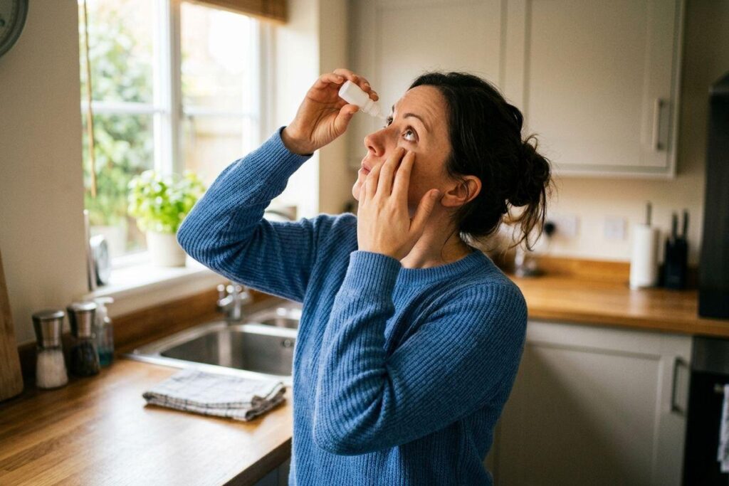 An adult in a kitchen looks upward, pulling their lower eyelid down with one hand while applying eye drops from a small white bottle.