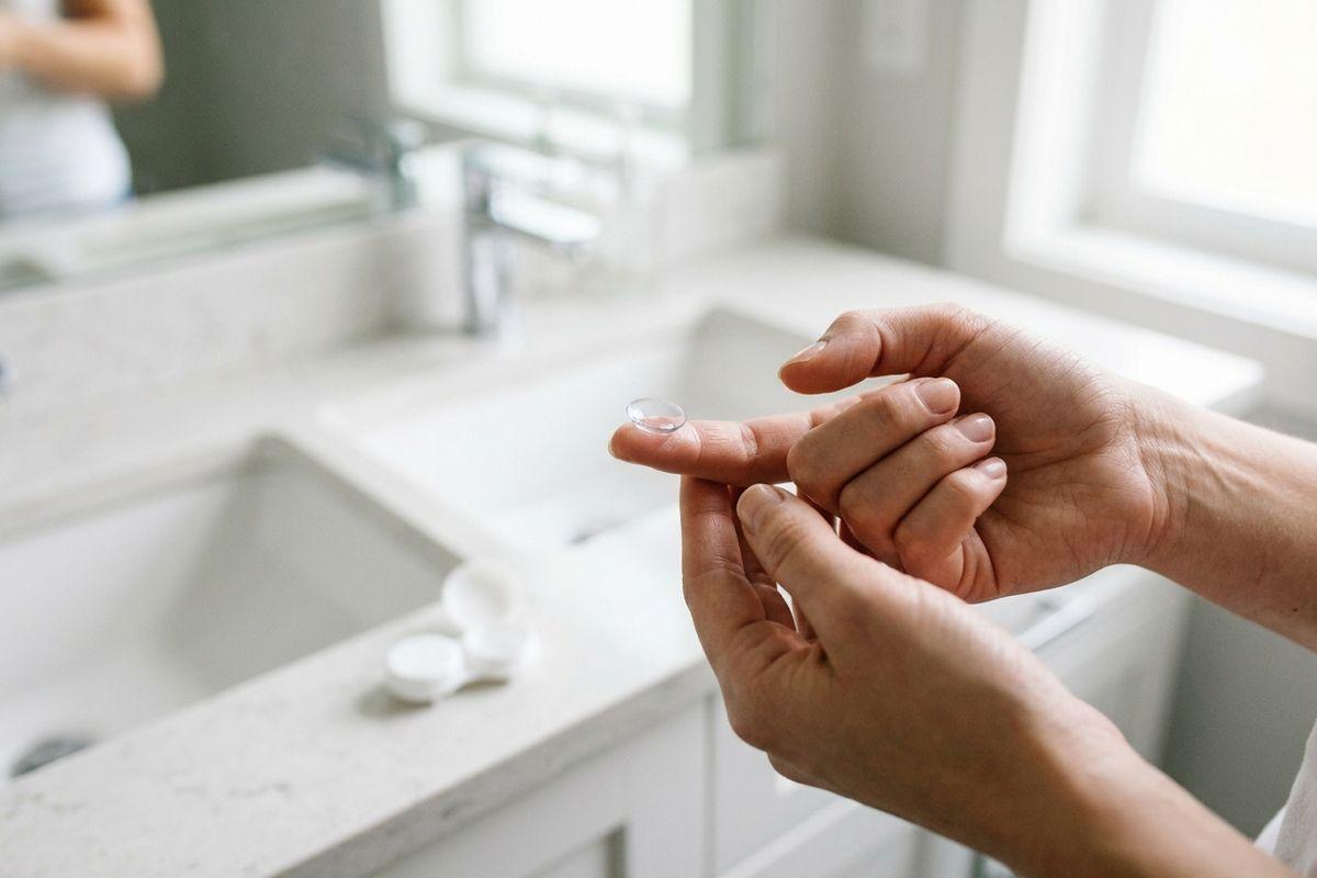 Hands holding a contact lens on a fingertip at a bathroom sink, with an open lens case on the counter.