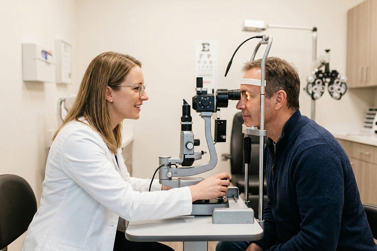 Optometrist examines a patient's eyes using a slit lamp in an exam room, with an eye chart and phoropter behind.