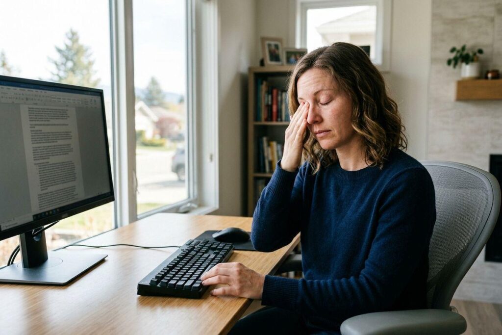 Person at a desk rubbing one eye with eyes closed, sitting at a computer with keyboard and monitor by a window.