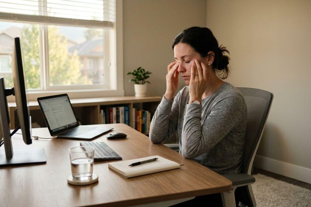 Person at a home desk rubbing closed eyes, in front of a laptop and monitor near a window.