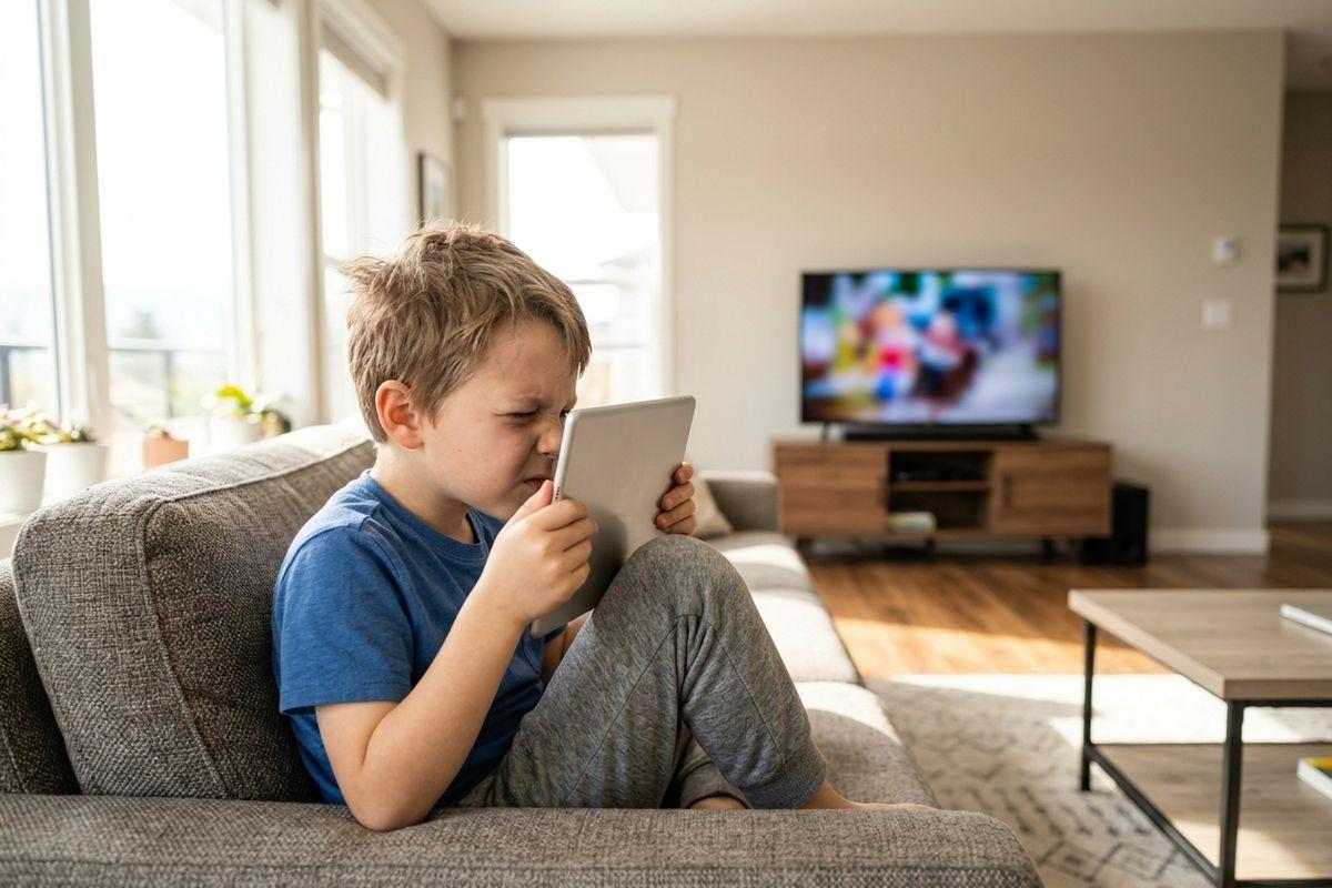 Child squinting at a tablet held close to their face while sitting on a couch in a living room.