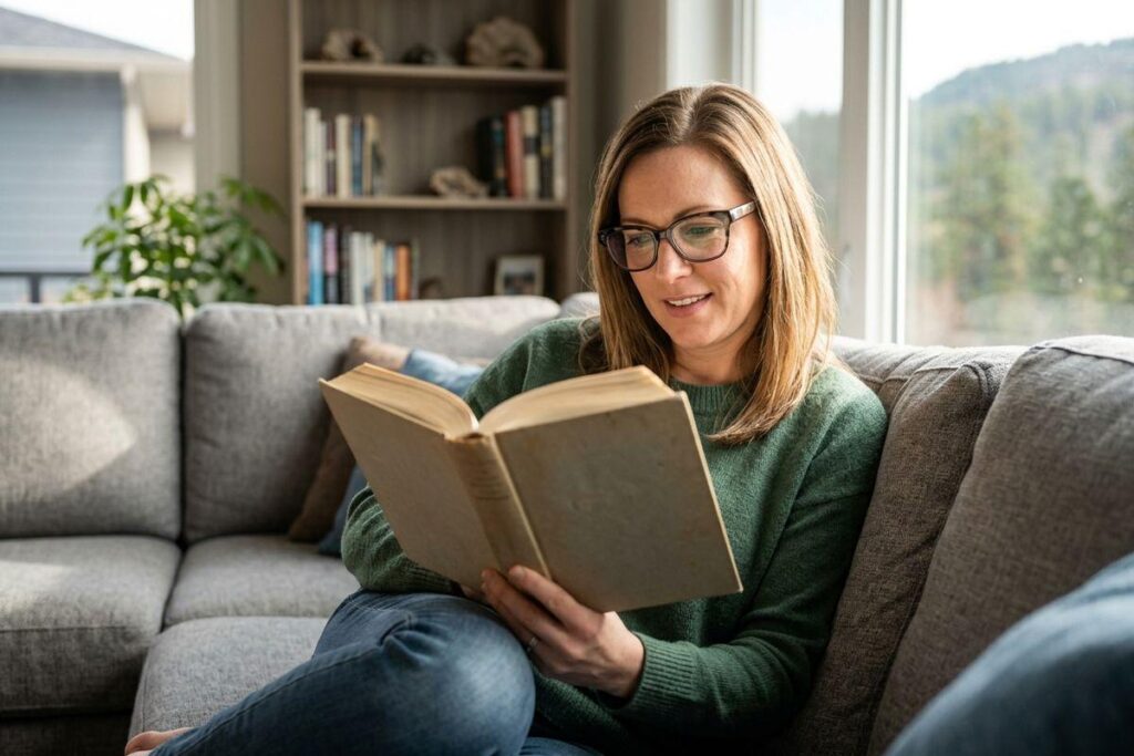 Person in glasses and green sweater reading a book on a gray couch, smiling, near a bright window.